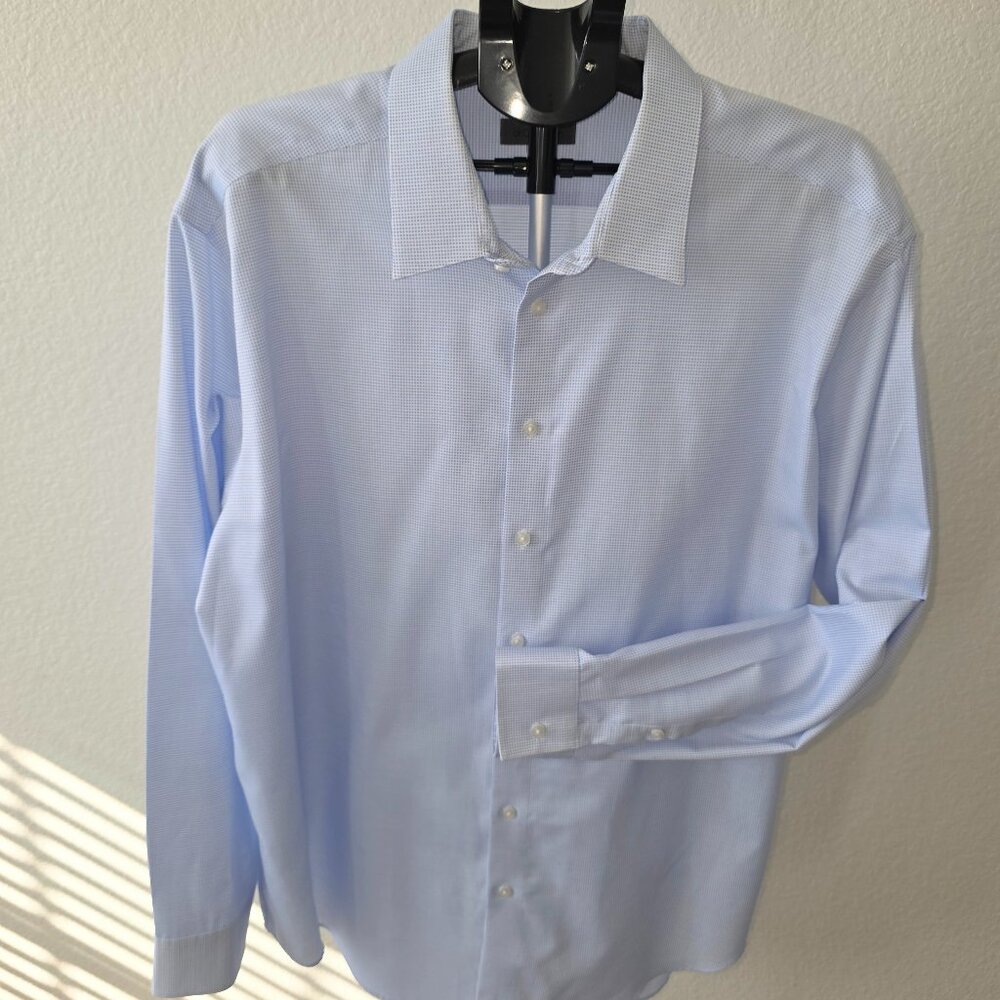 CALVIN KLEIN SLIM TALL MAN 19 36/37 BLUE AND WHITE PIN CHECK LONG SLEEVE SHIRT